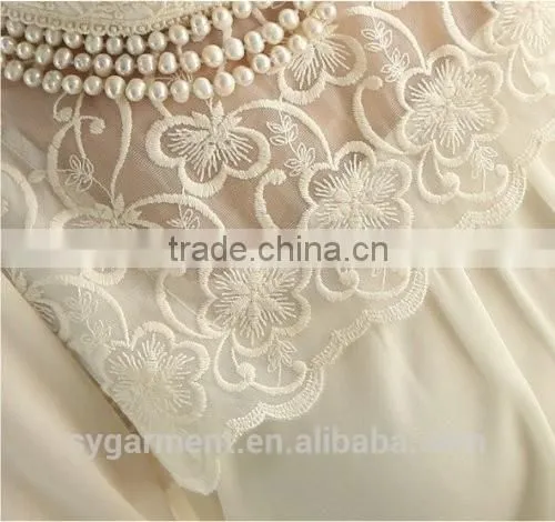 New Women Long Sleeve Render Unlined Upper Garment Sheer Lace Floral Chiffon Blouse White Pearl Collar Tops photo-4