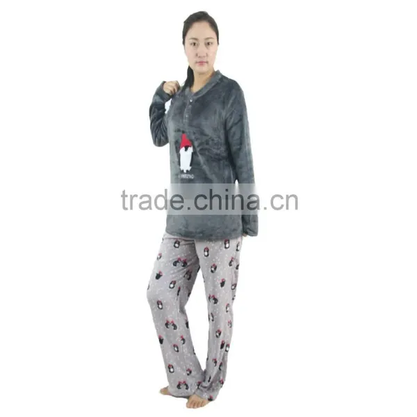 Kevince Women Polyester Flannel Pyjama Set Penguin KnittedMOQ 1000sets OEM Factory Directly photo-2