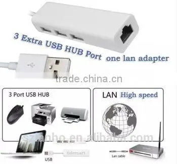 2016 new wholesale 3 Port USB RJ45 Network LAN Ethernet Adapter converter