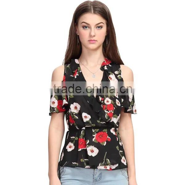 Woman Back Neck Design Chiffon Latest Fashion Image New Printed Blouse photo-3