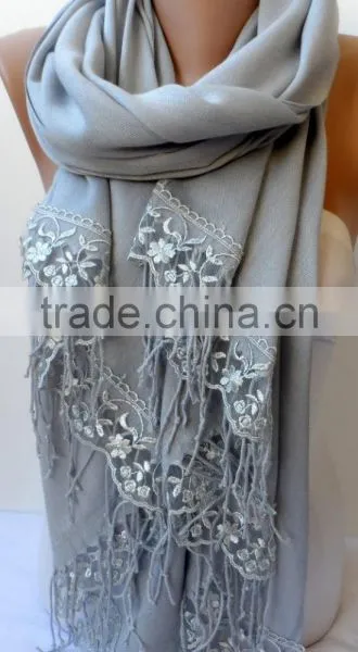Silver Gray French Lace Light Gray Pashmina Shawls Soft Lightweight Scarf Bridesmaid Pashmina Women Wedding Trend Feminine Gifts photo-5