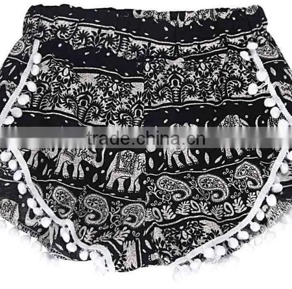 Vintage Bohomian Hippies Gypsy Girls Womens Pom Pom Trimming Shorts Elephant Ethnic Cotton Printed Ladies Viscose Beach Casual