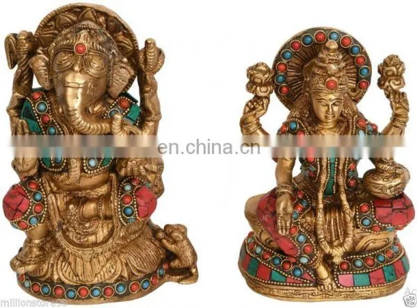 Indian GOD Jai Ganesha Lakshmi Statue 6.4" Golden Brass Stone Art Hindu Sculpture Ganesha Religious Idol Lord Art Wholesale