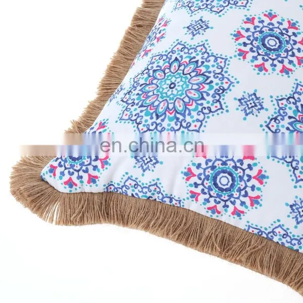 Factory Supply Waterproof Durable Blue Comfort Classics Flower Screen Printing Outdoor Pillows With Jute Fringes photo-6