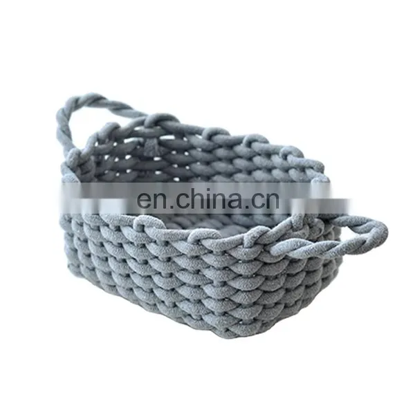 100% Handmade Gray Cotton Rope Sundries Basket Books Snacks Crochet Storage Basket Rectangle Bin