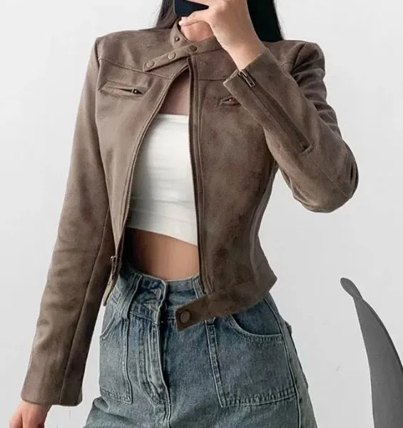 American INS High Street Retro Short Slim Motorcycle Jacket for Women in 2025 Autumn Vintage Color Leather Jacket and Suede Jacket photo-4