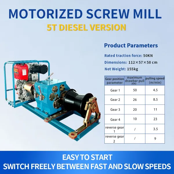 5T Diesel Motorized Screw Mill: 50kN Traction Heavy Load Winch photo-3