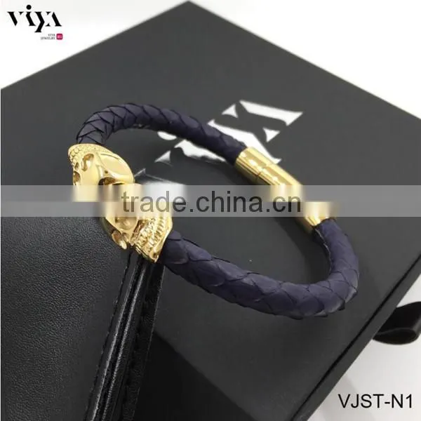 2016 New Real Navy Blue Leather Python Twins Skull Stainless Steel Bracelets With Higher End Quality Standard