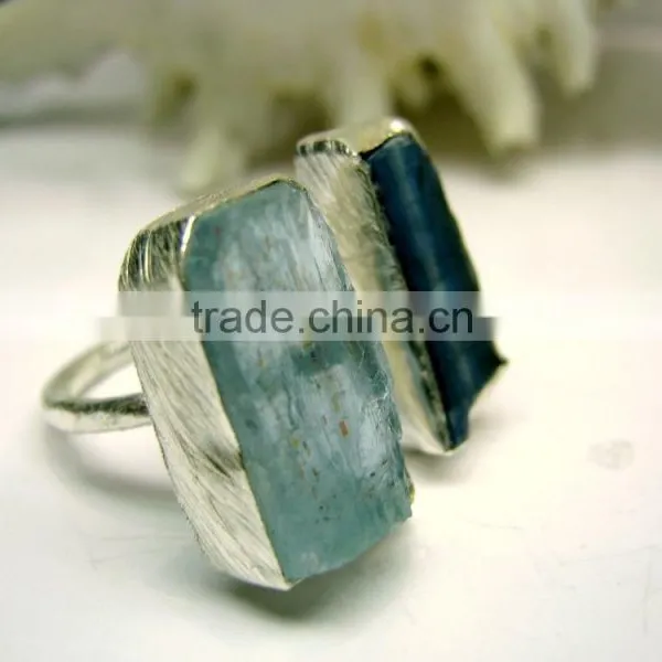 Aquamarine & Blue Kyanite Rough Natural Gemstones Ring, 925 Solid Sterling Silver Rings, Matt Finish Adjustable Rings photo-3
