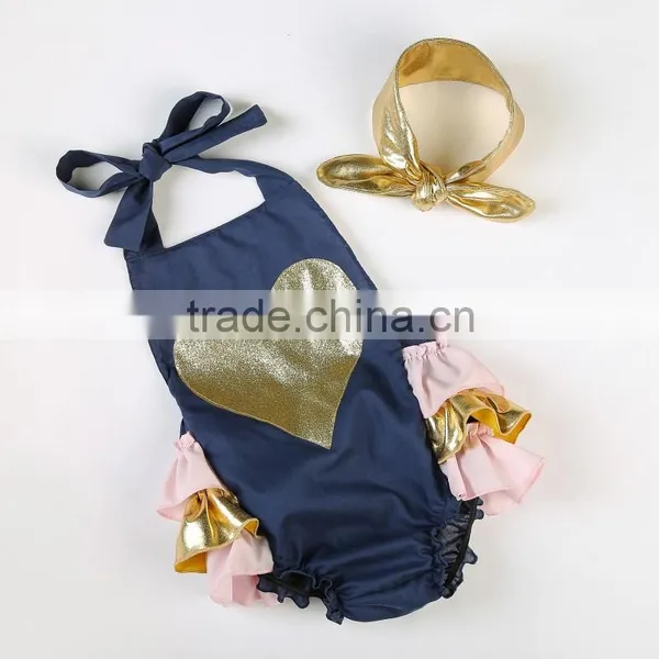 2016 Hot Selling Ruffle Rompers Set Baby Sparkle Heart Bubble Romper With Headhand Boutique Kids Summer Clothes Jumpsuit photo-5