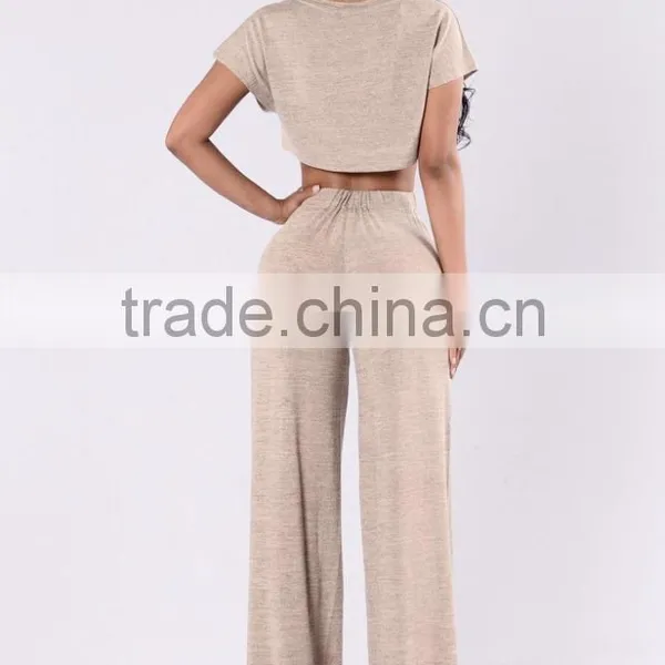 Jump Suit 100 % Polyester Sleeve Crewneck Cropped Length Sweater Knit Top And Wide Leg Pants Women Slim Fit Suits photo-4