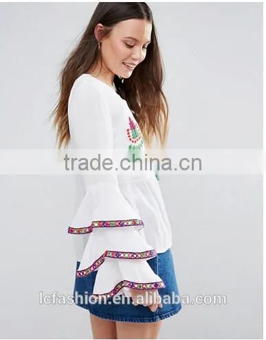 New Designs Fashion Hot Sale Boho Blouse Embroidered Layered Sleeve Women Tops Blouse photo-5