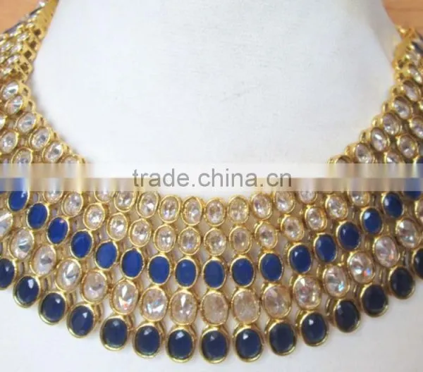 Polki Crystal Sapphire Blue Necklace Jhumka EARRING Bridal Set photo-5