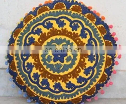 Embroidered Cotton Maxican Throw Round Pillow Cover Indian Decor Sofa Round Cushion Cover