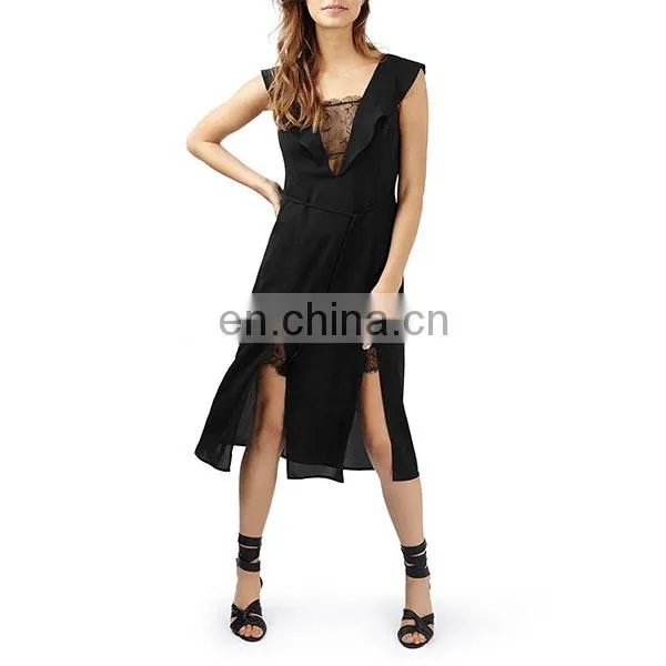 Wholesale Women Clothes Sexy Black Color Lace Trim Flutter Sleeve Midi Dress photo-2