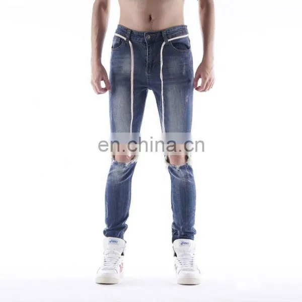 DiZNEW Custom Blue Stretchy Distressed Men Ripped Holes Biker Jeans photo-3