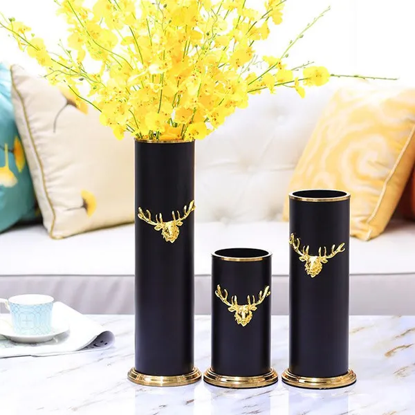 Metal Deer Head Nordic Light Luxury Cylinder Black Gild Metal Vase For Home Soft Decor photo-4
