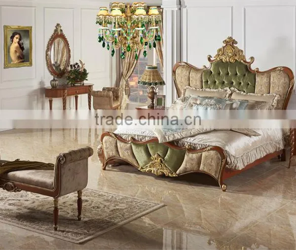 Antique Classic Upholstery Bed Set, Luxury Button Tufted Queen Bed With Gold Painting, Wood Carving Bedroom Furniture Set photo-2
