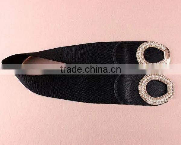 Wholesale Pearl and Rhinestone Inlaid Buckle Sex Women Lady Wide PU Waist Belt photo-5