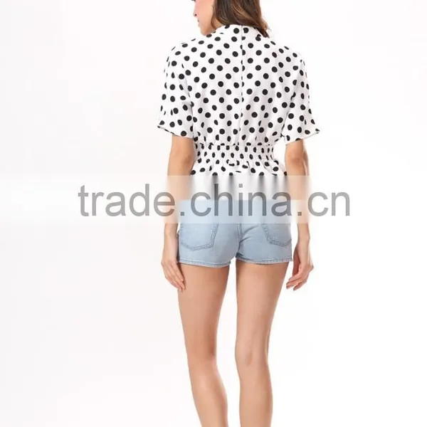 New Fashion Cotton Quilting Dot Printed Short Sleeve Woman Crop Top photo-4