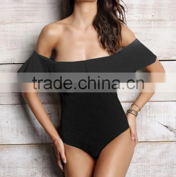 Ladies Fashion Black With Big Ruffle One-piece Swimwear