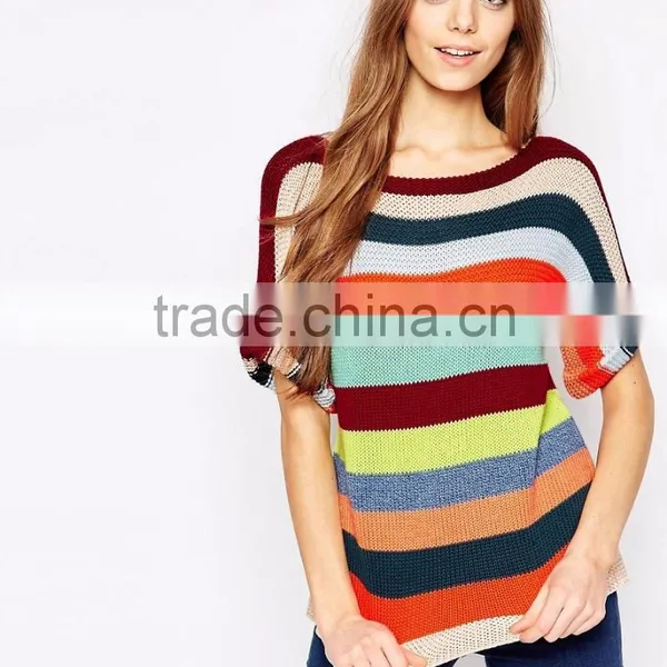 Cheap Price Rainbow Multi-color Colorful Sweater Slim Fit Casual Crew Neck Knit Top In Stripe Half Sleeves For Ladies photo-3