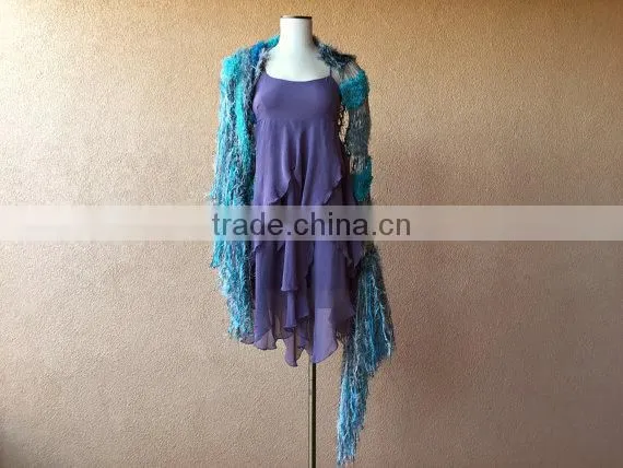 Teal Shawl Aqua Scarf Ocean Seafoam Turquoise Grey Black White Charcoal Hand Knit Striped Fringe Shawl Wrap Cape photo-3