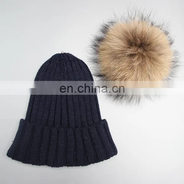 Fluffy Large Fur Pompom Hats Real Raccoon Fur Knitted Hats Wholesale Winter Hats photo-6