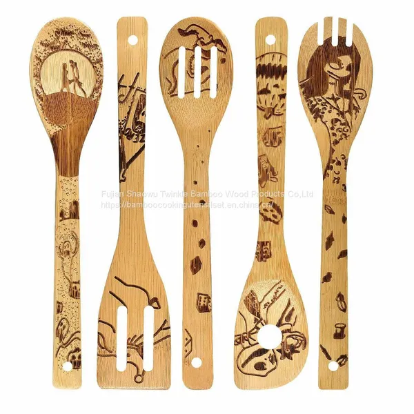 Halloween Bamboo Cooking Utensils Set Engraved Bamboo Wooden Kitchen Spoon Set Kitchenware