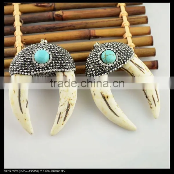LFD-0099P ~ Fashion! Two White Teeth Pendant With Crystal Rhinestone and Turquoise Paved Charms Pendants photo-3
