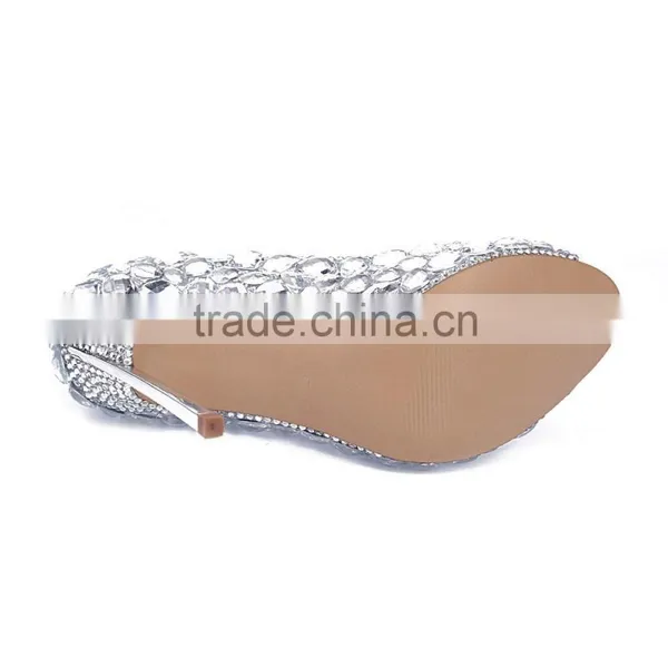 Stylish Open Toe Footwear Safety Metal Heels, Custom Low Heel Silver Crystal Wedding Shoes photo-6