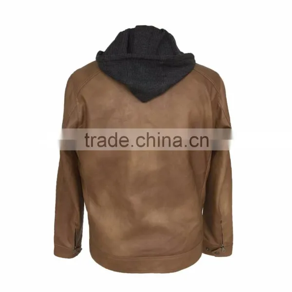 Man Wear Supplier Good Quality New Fashion Wholesale Brown PU Leather Jacket With Hood photo-6