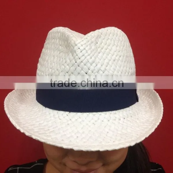 White Woven Paper Straw Hat With Woven Band