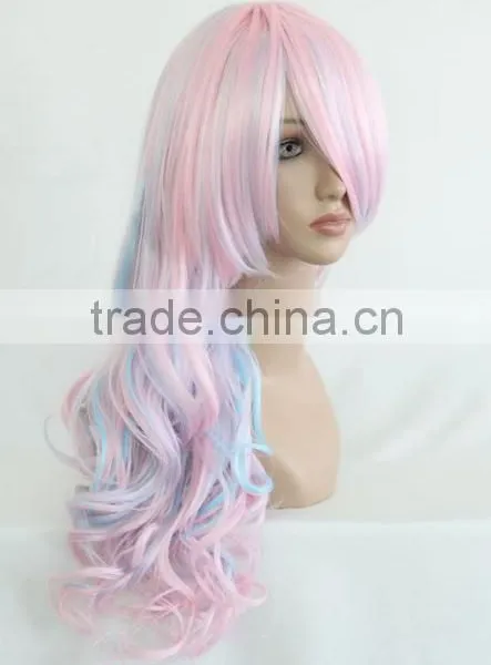 Fashion Lolita Heat Resistant Long Curly Light Blue Mixed Pink Hair Wig N414 photo-2