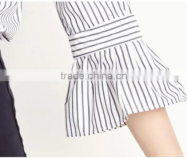 Women's Bell Sleeve Stripe Pattern Round Neck Pleated Blouse photo-4