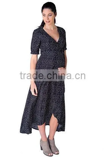 Summer Print Chiffon Black Wrap Maternity Dress, Long Maternity Clothes, Half Sleeve Maternity Clothing photo-2