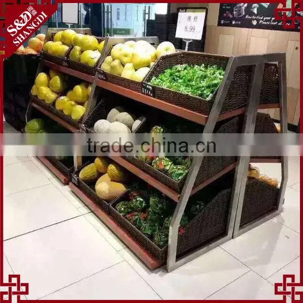 China Supplier Direct Sale Supermarket Fruit and Vegetable Display Rack With Rattan Basket photo-4