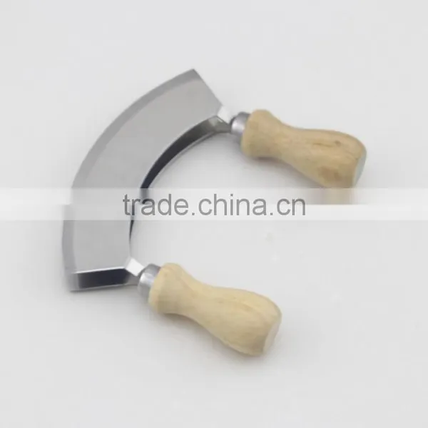 Wooden Handle Stainless Steel Double Blade Cheese Cutter Mincing Knife Mezzaluna Chopper photo-2