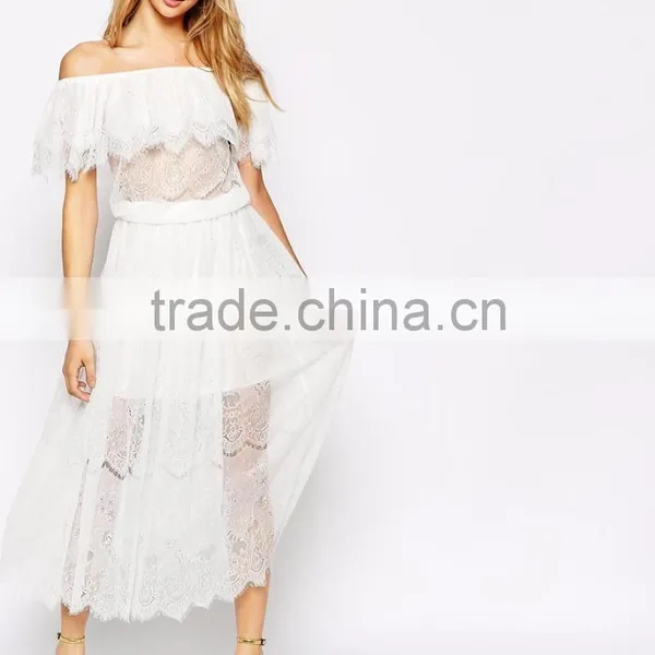 MGOO Design Vintage Boho Lace Off Shoulder Maxi Dress White Embroideered Elegant Bohemian Dress photo-2