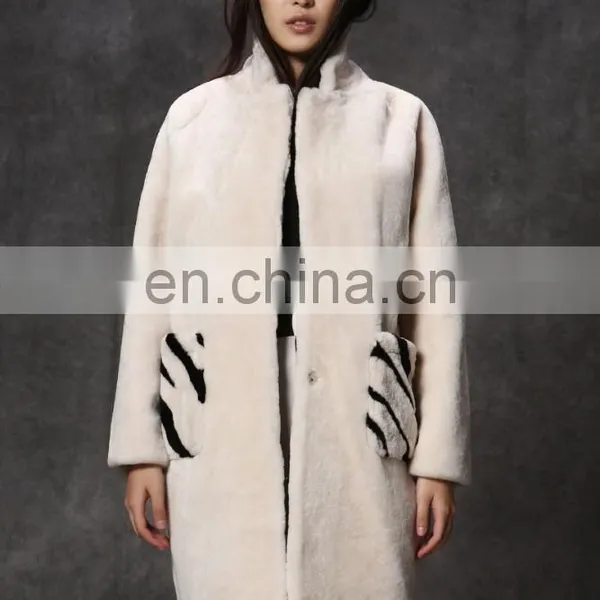 Hot Sales Merino Lamb Fur Long Coat With Zebra Pattern Pocket for Women photo-2