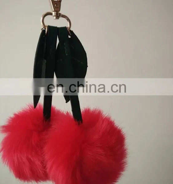 Fashion Double Red Faux Fur Ball Bag Charm With Leafs 2016 New Design Pom Pom Keychain photo-2