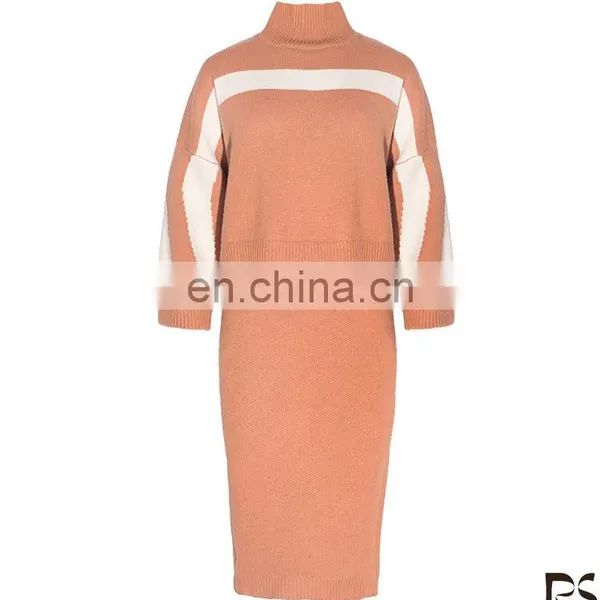 Latest Long Sleeve Maxi Brown Striped Sweater Two Piece Hawaiian Dress for Women
