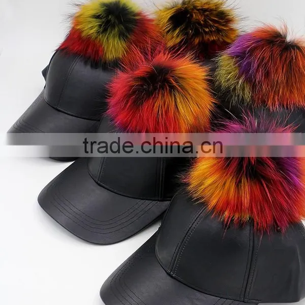 Colorful Raccoon Fur Balls Baseball Caps New Faux Leather Casquette PU Hat for Sport photo-3