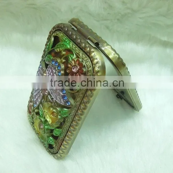 Butterfly and Flower Bronze Pocket Mirror With Rhinestone photo-2