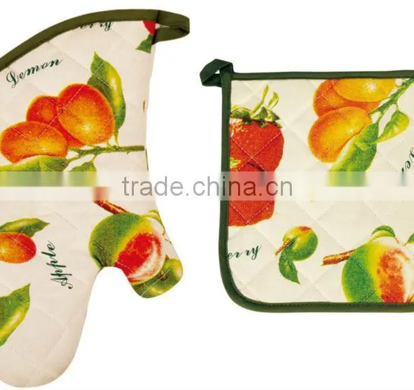 2015 HIGH QUALITY NEW DESIGN PRINTING FRUITS AND VEGETABLES COTTON (OVEN MITT& POT HOLDER) KITCHEN SET MK-2702B&2706B