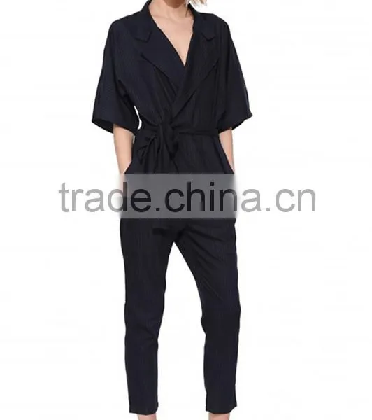 Women V Neck Belted Short Sleeve Stripe Regular Fit Jumpsuit photo-4