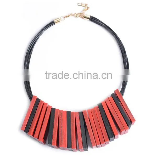 Red Black Wooden Square Pendant Choker Necklace Geometric Wood Choker Necklace Korea Wax Cord Choker Necklace photo-3