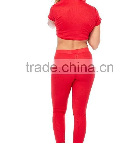Plain Track Suit Wholesale Womens Red Ribbed Solid Hoodie Crop Top Leggings Set 2 Piece Casual Wear Latest Design Tracksuit photo-4