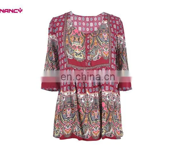 Aged Woman Square Neckline Ethnic Paisley Print Border Blouse From GuangZhou