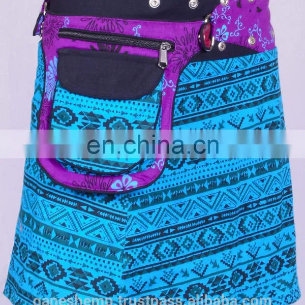 Deep Sky Blue Trivial Print Cotton Fabric Gypsy Wrap Around Skirt With Bag Belt HHCS 140 E photo-2